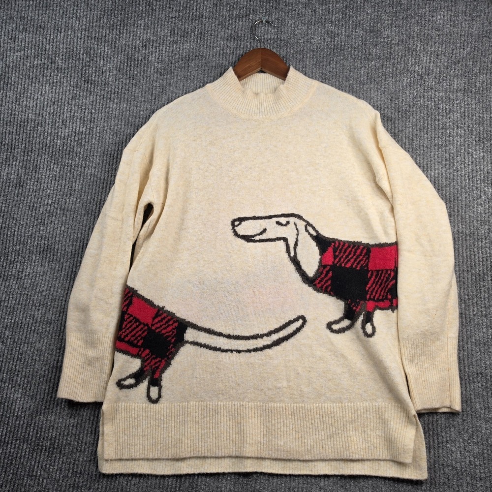 LOFT Dachshund Sweater Womens M Cream Buffalo Plaid Dog Novelty Mock Neck Winter